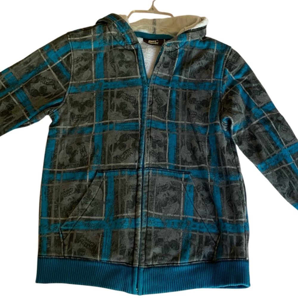 SK2 Kids Blue and Gray Plaid & Skull Zipper Hoodie Fleece Jacket Large 10/12